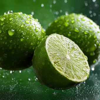 みずみずしいライムスライスと丸ごとの果実 みずみずしいライムスライスと丸ごとの果実の写真