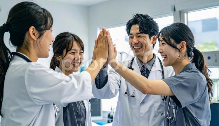 喜びを分かち合う看護師・医者 ハイタッチ,看護師,医者の写真素材