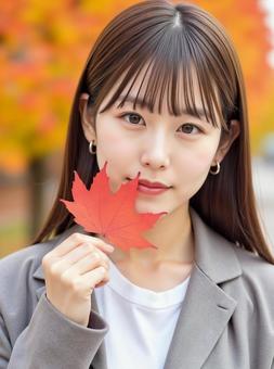紅葉を持つ若い女性 AI生成画像 紅葉を持つ若い女性 AI生成画像 の写真