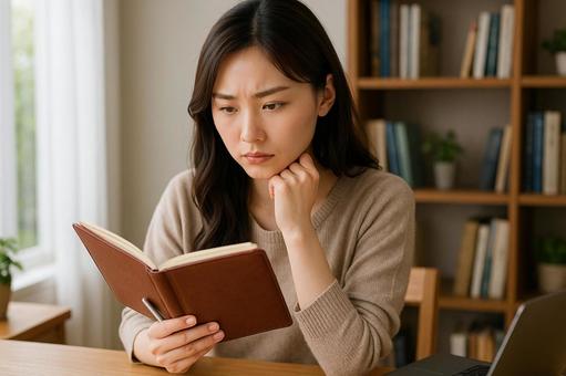 手帳を見ながら考える女性 手帳を見ながら考える女性の写真