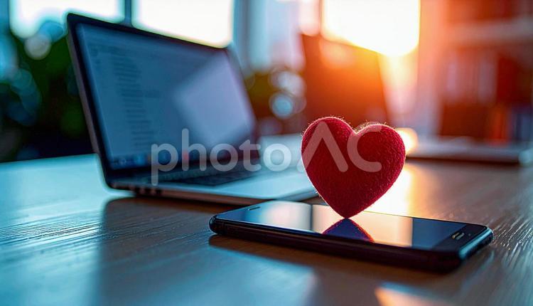 社内恋愛のイメージ　ハート　PC　スマホ 社内恋愛,pc,スマホの写真素材