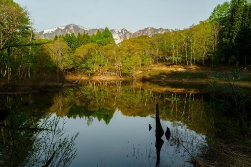 250515秋山郷天池と鳥甲山 秋山郷,長野県,栄村の写真素材