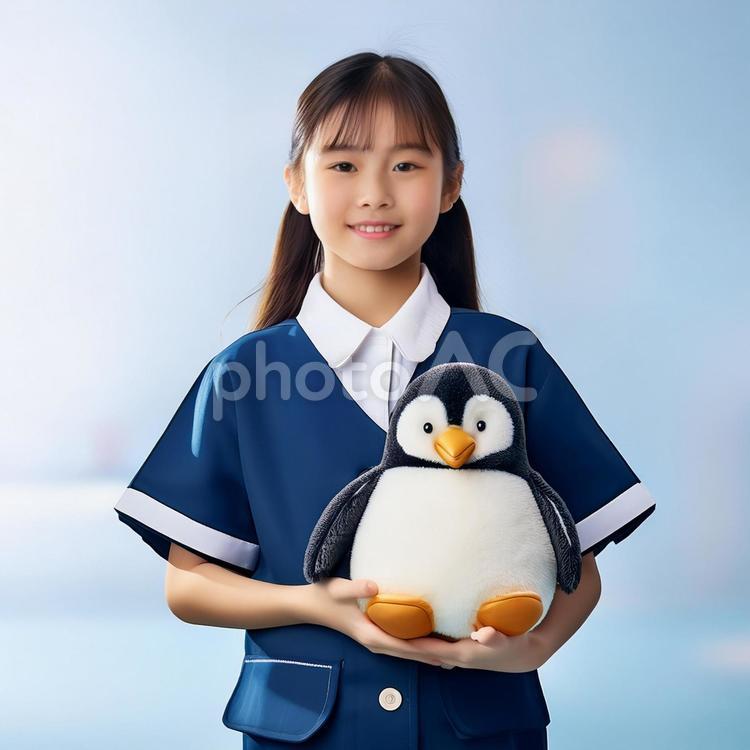 ペンギンのぬいぐるみを持つ少女_2 人間,人,少女の写真素材