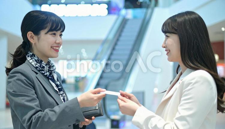 挨拶と名刺交換をする女性ビジネスパーソン ビジネス,名刺,名刺交換の写真素材