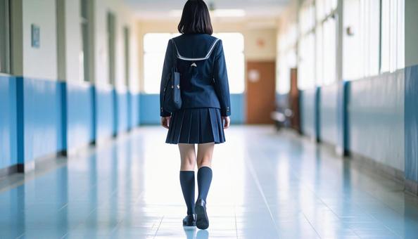 学校の廊下を歩く制服姿の女子高生の写真