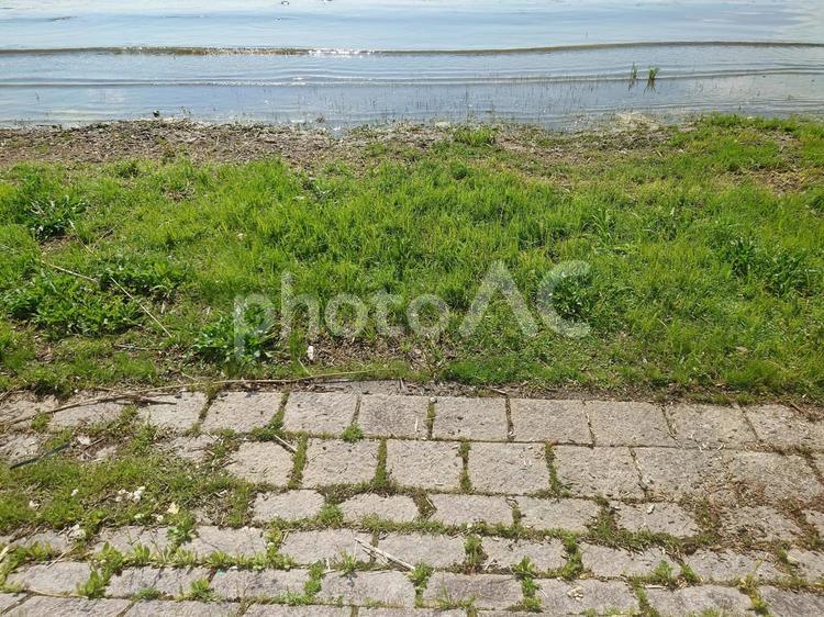 石畳と草の待つ静かな湖の波 石畳,草,静かな波の写真素材