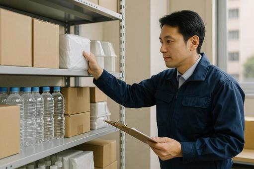 防災倉庫で備蓄品を確認する職員 防災倉庫で備蓄品を確認する職員の写真