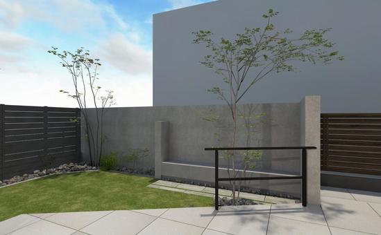 タイルテラスから見るベンチのある癒しの庭 庭,外構,エクステリアの写真素材