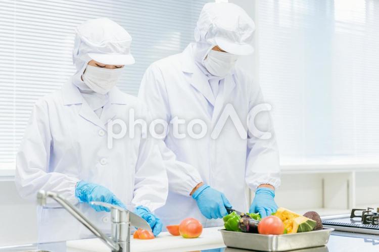 野菜のカットをする男女（食品加工） 食品加工,野菜,惣菜の写真素材