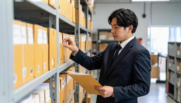 棚にファイリングされた資料を調べる男性 棚にファイリングされた資料を調べる男性の写真