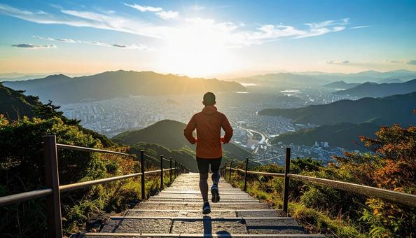階段を走る日本人の男性ランナー 階段を走る日本人の男性ランナーの写真