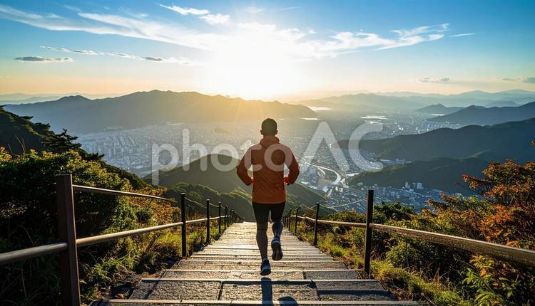 階段を走る日本人の男性ランナー ステップアップ,靴,走るの写真素材