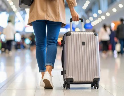空港でスーツケースを引く女性の後ろ姿 空港でスーツケースを引く女性の後ろ姿の写真