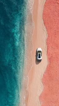 エメラルドグリーンの海と砂浜の空撮 エメラルドグリーンの海と砂浜の空撮の写真