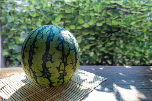 縁側に置いた一玉のスイカ 縁側に置いた一玉のスイカ すいか,夏,食べ物の写真素材