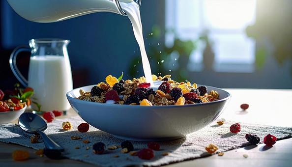 ドライフルーツ入りのシリアルに牛乳かけ ドライフルーツ入りのシリアルに牛乳かけの写真