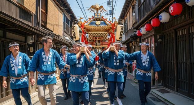 伝統的な神輿を担ぐ日本の祭り風景 伝統的な神輿を担ぐ日本の祭り風景の写真