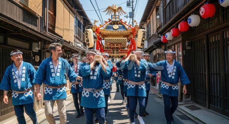 伝統的な神輿を担ぐ日本の祭り風景 インバウンド,神輿,祭りの写真素材