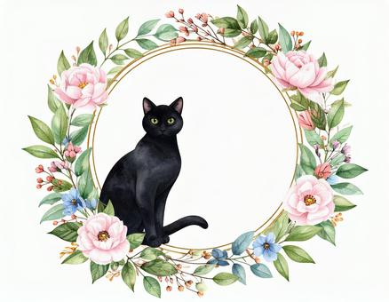 黒猫とフローラルな華やかなフレーム素材 黒猫とフローラルな華やかなフレーム素材の写真