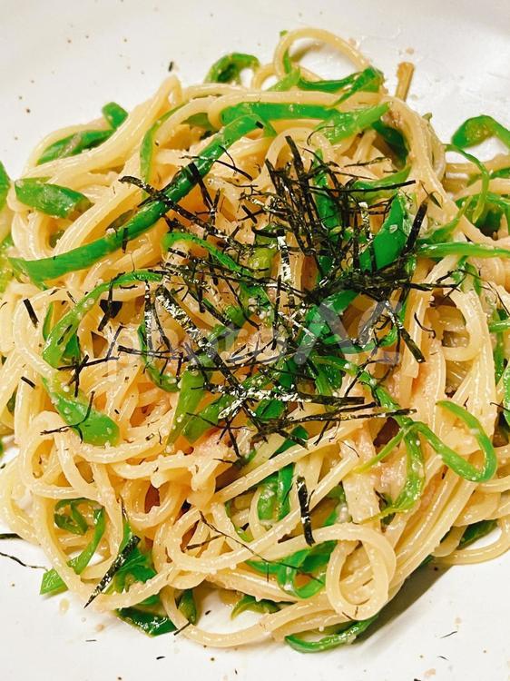 細切りピーマンとたらこのパスタ ピーマン,野菜,緑黄色野菜の写真素材