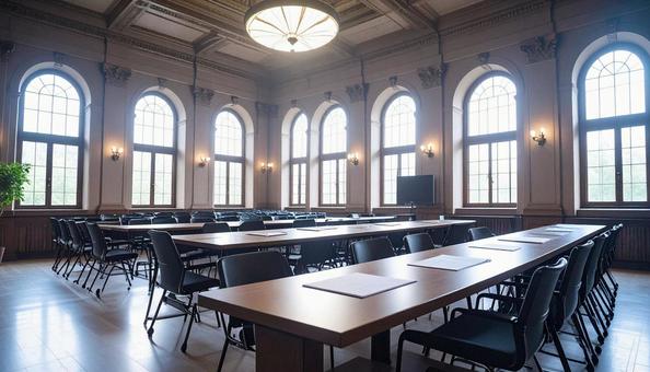 講習会の準備で書類が机に置かれた会場の写真