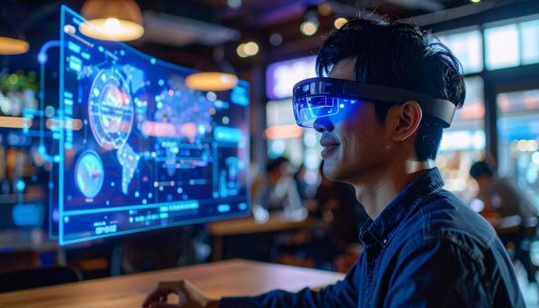 スマートカフェでホログラムを操作する男性の写真