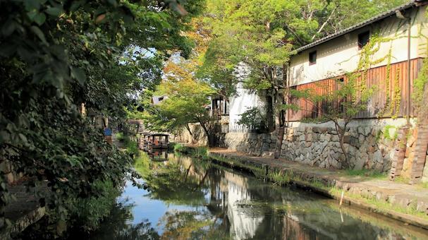船橋付近から望む初秋の八幡堀 船橋付近から望む初秋の八幡堀 八幡堀,初秋,和舟の写真素材