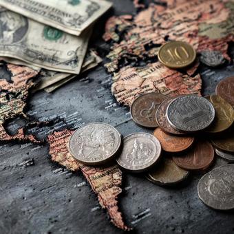 世界地図の上に置かれた世界各国の通貨 世界地図の上に置かれた世界各国の通貨の写真