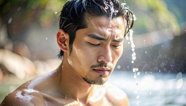 猛暑　頭から水を浴びる男性の写真