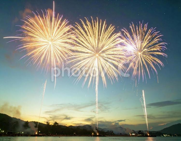 夜空に咲く打ち上げ花火の美しい風景写真 花火,夏,夜空の写真素材