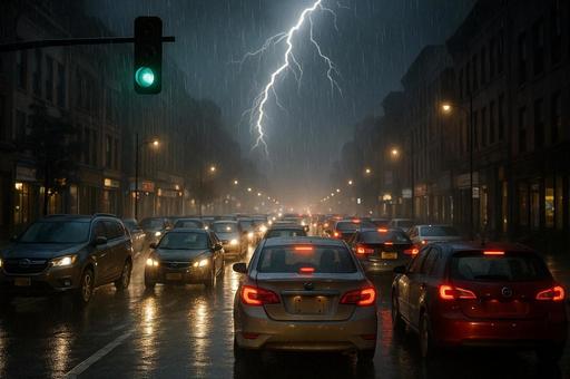 雷雨の交差点と信号 雷雨の交差点と信号の写真