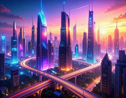 夕暮れの未来型スマートシティ 夕暮れの未来型スマートシティの写真