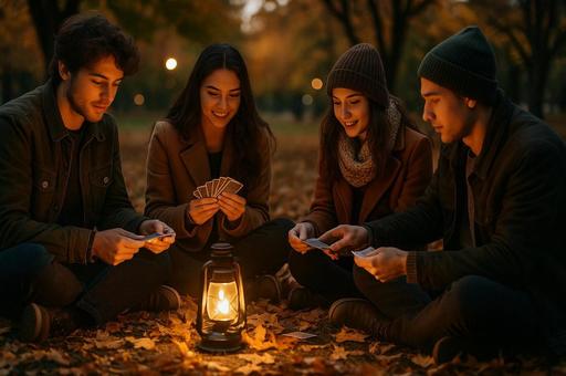 秋の公園で楽しむカード遊びの写真
