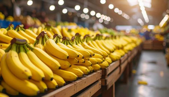 市場の棚に並んだたくさんのバナナ 市場の棚に並んだたくさんのバナナの写真