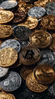 デジタル資産の象徴:輝く仮想通貨の集積 デジタル資産の象徴:輝く仮想通貨の集積の写真