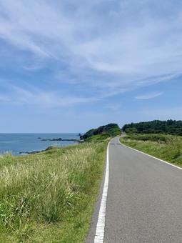 岬へ続く道 海,道,道路の写真素材