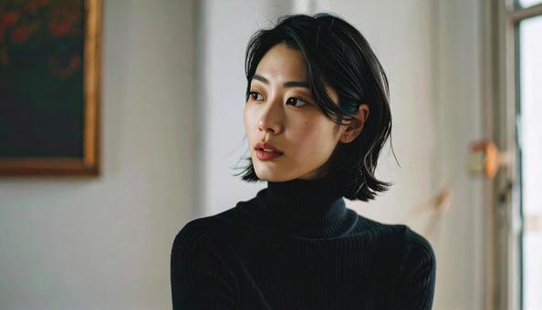 黒タートルの女性が窓越しのポートレイト 黒タートルの女性が窓越しのポートレイトの写真