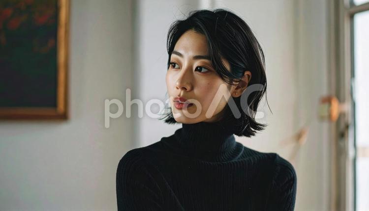 黒タートルの女性が窓越しのポートレイト 女性,黒タートルネック,窓の写真素材