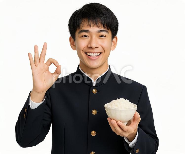 学生服でお茶碗を持つ男性のオッケーの指 男性,男の子,男の写真素材