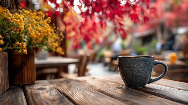 秋色カフェテラスの温かいコーヒー 秋色カフェテラスの温かいコーヒーの写真