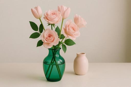 淡桃色の花と緑の花瓶 淡桃色の花と緑の花瓶の写真