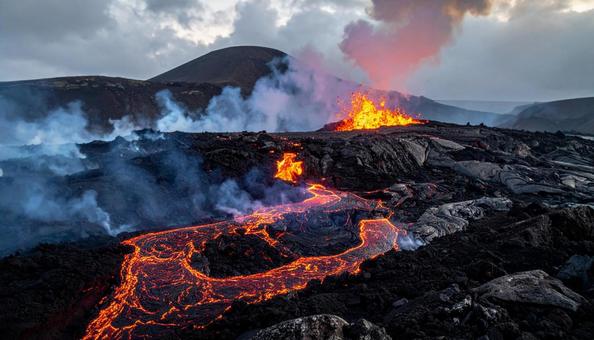 噴火口から溢れる溶岩流 噴火口から溢れる溶岩流の写真