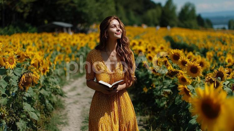 ひまわり畑で読書を楽しむ穏やかな時間 ひまわり,畑,女性の写真素材