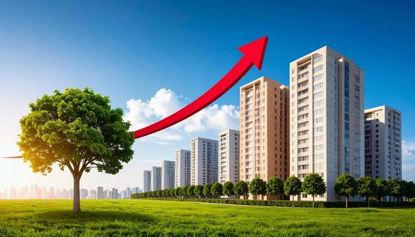 マンションと右肩上がりの赤い矢印　青空の写真