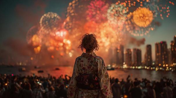 花火と浴衣の女性 12の写真