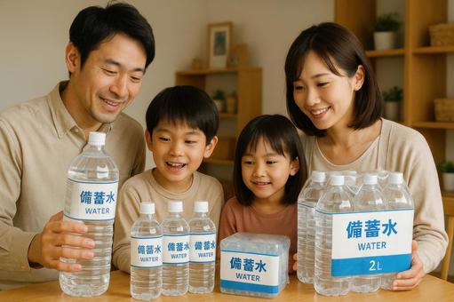 備蓄水を家族で確認するシーン 備蓄水を家族で確認するシーンの写真