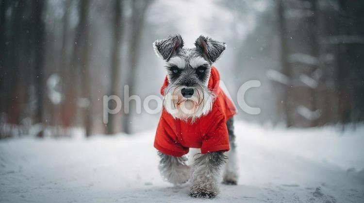 ニチュアシュナウザーが雪の中を歩いている 犬,シュナウザー,冬の写真素材