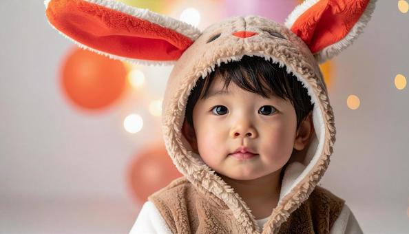 着ぐるみウサギを着た男の子のスタジオ撮影 着ぐるみウサギを着た男の子のスタジオ撮影の写真