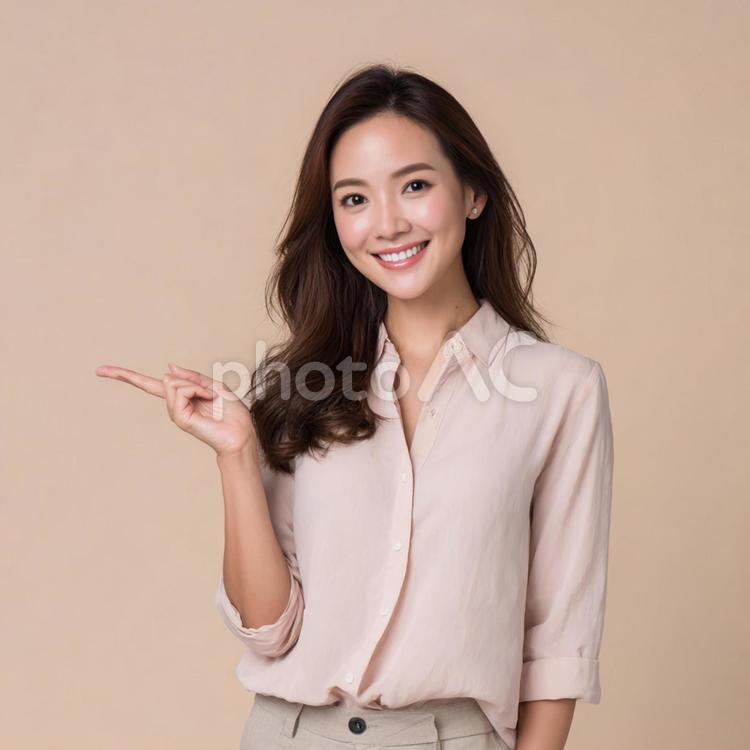 笑顔で何かを指し示す女性のポートレート 女性,若者,笑顔の写真素材