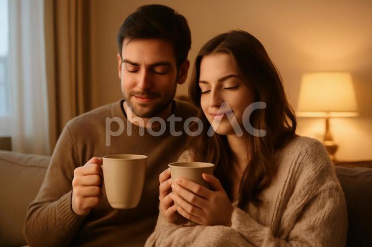 温かいひとときカフェ カップ,カップル,リラックスの写真素材